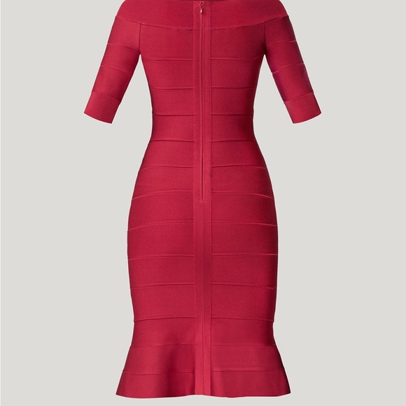 BRAND NEW (TAG REMOVED) HERVE LEGER OFF-SHOULDER FLARE DRESS IN CRANBERRY - Picture 3 of 7